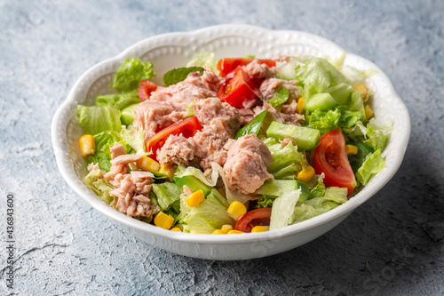 Tuna Fish Salad with Lettuce, Cherry Tomatoes, Cucumber and Corn.