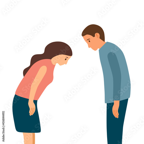Two people bowing head and greeting. Thankful or respect expression. Asian as Korean or Japanese polite greeting.