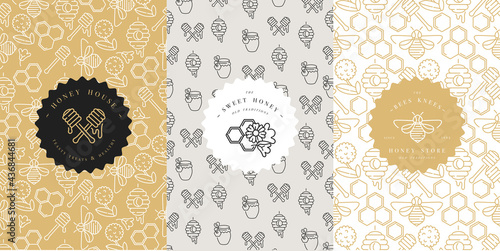 Vector logo, packaging design templates in trendy linear style - natural honey packaging - typography labels and with floral patterns. Flower pattern. Pattern for honey package. Ornamental background.