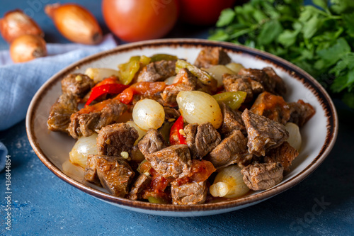 Traditional Turkish meal with delicious meat; onion stew with meat (Turkish name; etli sogan yahnisi, et kavurma)
