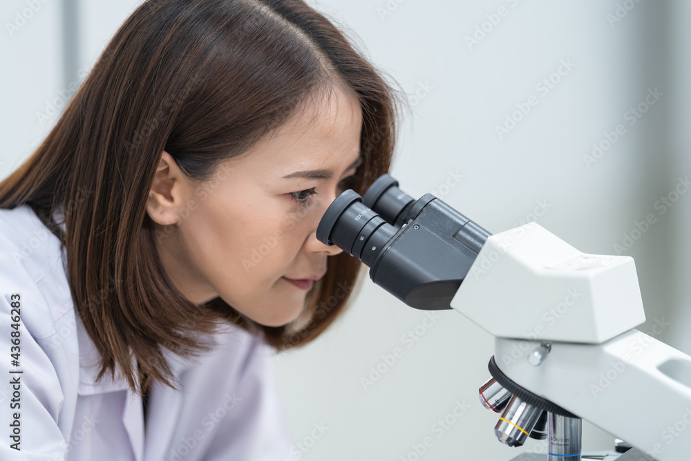 A young scientist woman in a laboratory coat looking through a microscope in a laboratory to do research and experiment. Scientist working in a laboratory. Education stock photo A young scientist woman in a laboratory coat looking through a microscope in a laboratory to do research and experiment. Scientist working in a laboratory. Education stock photo