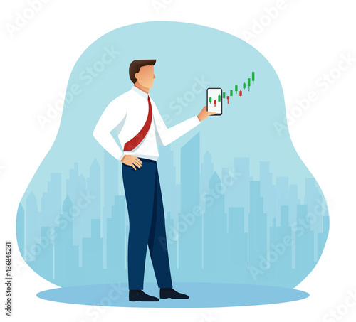 man holding out hand to show  smartphone screen with graph vector illustration EPS10