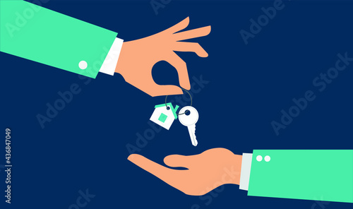 Vector real estate concept in flat style - hands giving keys - sell house icon photo