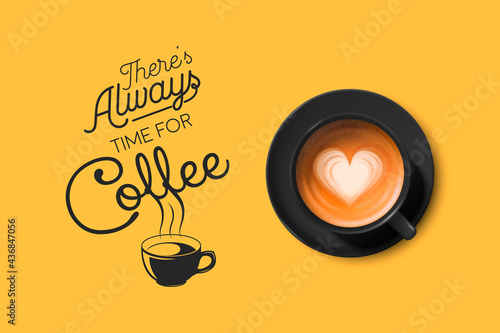 Vector 3d Realistic Black Ceramic Porcelain Mug with Foam Coffee - Capuchino, Latte, Americano. Coffee Cup with Typography Quote, Phrase about Coffee. Stock Illustration. Design Template. Top View
