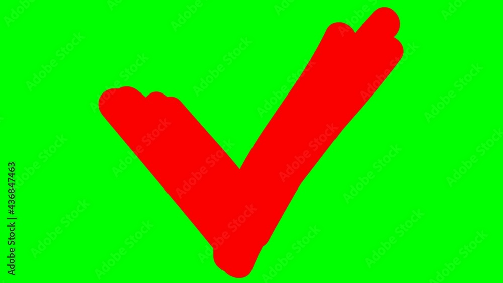 Animated red icon of check mark drawn with marker. Hand drawn symbol appears. Vector illustration isolated on green background. Animated red icon of check mark drawn with marker. Hand drawn symbol appears. Vector illustration isolated on green background.