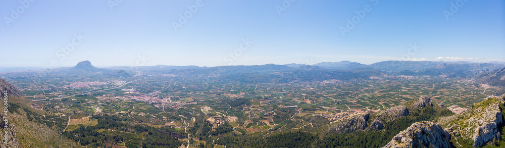 Panoramic view of Marina Alta region, in Alicante, Spain. Montgó mountain and Denia city are in the left background.