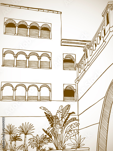 Beautiful Egypt landscape with palm trees. Hand drawn line ink sketch. Seaside holiday. Sepia Illustration on white.