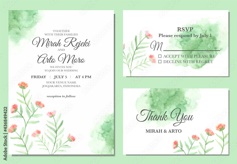 Hand painted of simple floral watercolor wedding invitation
