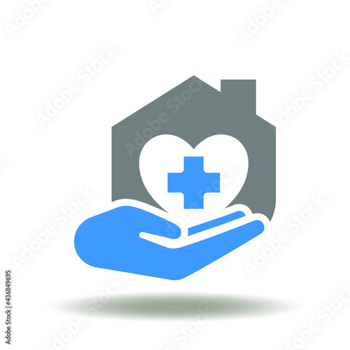 Hand holding house with heart and medical cross vector illustration. Home medicine icon. Health safety first symbol. Hospital, clinic sign.