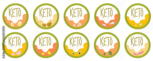 Set badge Keto diet. Vector emblems inscription keto vegetables, food enriched with ketones. A friendly diet for a healthy lifestyle and proper nutrition. Vector flat illustration