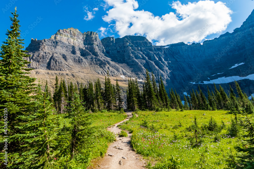 partially snow covered jagged mountain peaks of Glacier National park near Iceberg Lake trail during summer.