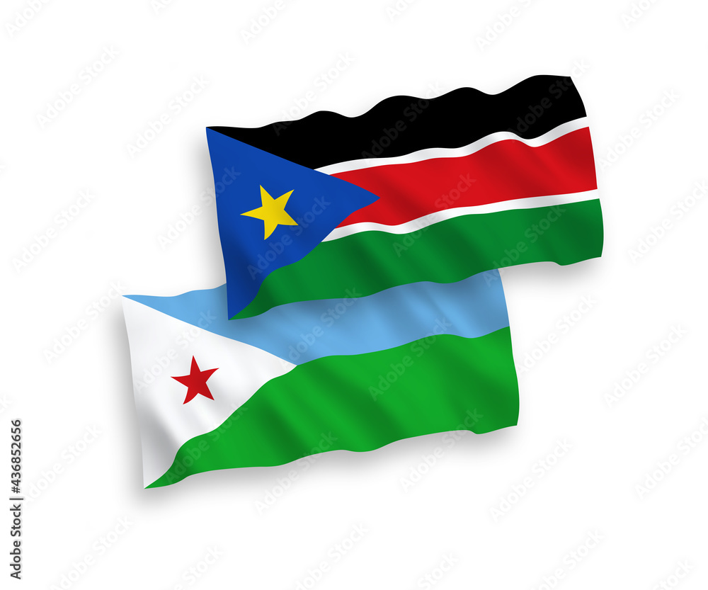 Fototapeta premium Flags of Republic of Djibouti and Republic of South Sudan on a white background