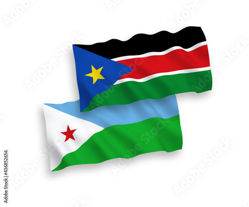 Flags of Republic of Djibouti and Republic of South Sudan on a white background