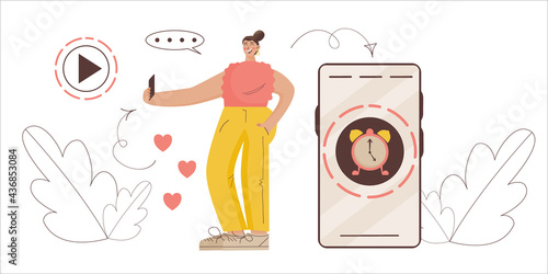 Ephemeral content concept. Girl blogger records temporary content with limited time. Vector illustration flat style, a woman in social networks tells about her life. Limited-time history