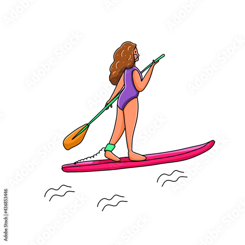 a girl stands on a sup board and paddles along the waves in vector