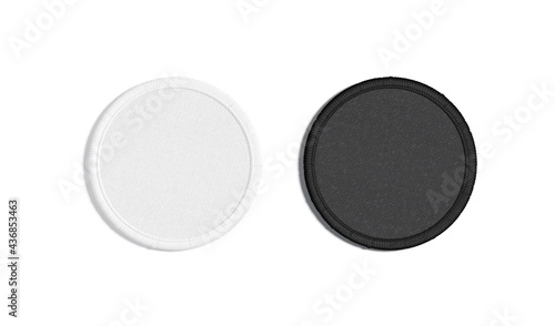 Blank black and white round embroidered patch mockup, top view photo
