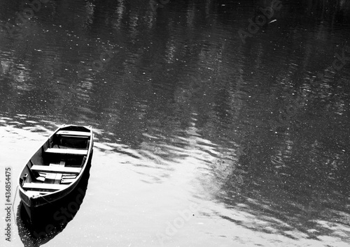 canoe on the lake black and white