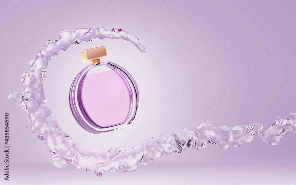 Cosmetic bottle perfume in stream splash water mock up banner. Glass