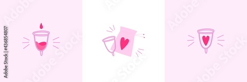 Collection of cute cards with menstrual cups. Vector illustration