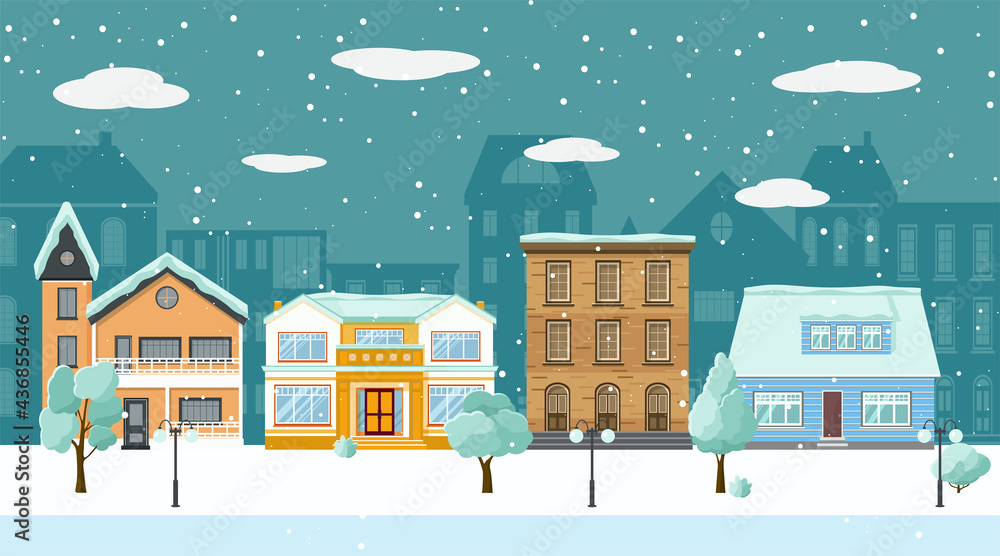 Row of different houses along the street with trees and lanterns winter landscape. Flat design. Vector illustration