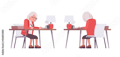 Old teacher, female senior professor, university, tutor working at desk. Experienced elderly master, aged supervisor. Vector flat style cartoon illustration isolated, white background, front, rear