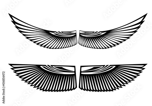 pair of wide spread bird wings - ancient egyptian style black and white vector design set