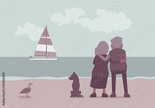 Active seniors, elderly people standing on beach in hug, rear. Couple of older adults enjoying ocean, sea, sailboat view together, romantic reminiscence. Beautiful seascape nature scenery background