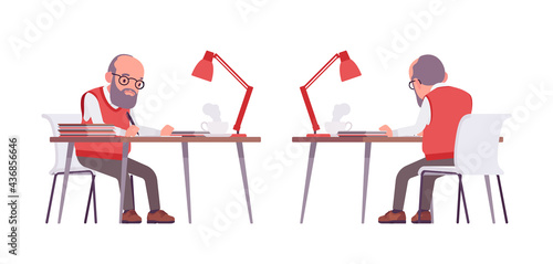 Old teacher, male senior professor, university, tutor working at desk. Experienced elderly master, aged supervisor. Vector flat style cartoon illustration isolated, white background, front, rear view