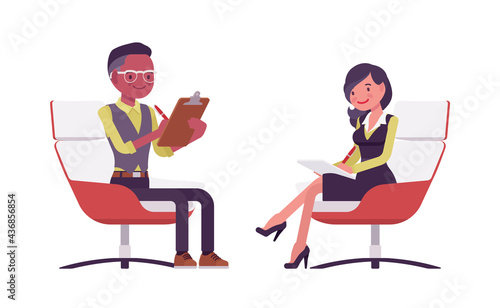 Black businessman sitting in armchair writing, businesswoman formal workwear. Psychotherapy, manager, entrepreneur executive, owner. Vector flat style cartoon illustration isolated, white background