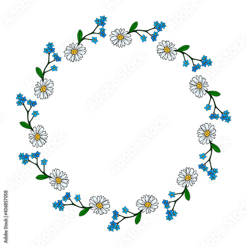 Round frame with chamomile and flowers forget-me-not on white background. Vector image.