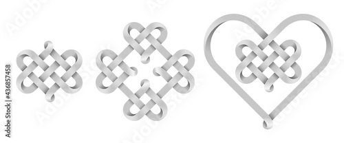 Set of heart signs made of intertwined mobius stripes as celtic knots. Symbols of endless love. Vector illustration.