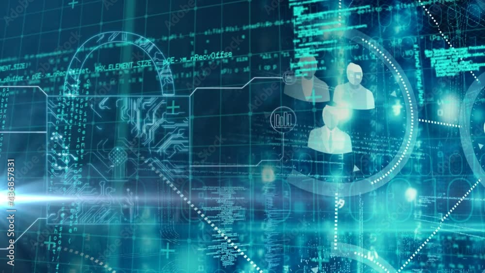 Animation of online security padlock with people icons and data processing in background Animation of online security padlock with people icons and data processing in background