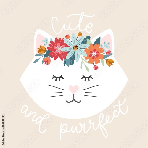 Cute cat face silhouette cartoon vector illustration with floral wreath and lettering. Cute and purrfect calligraphy, Trendy design template for greeting card, print, nursery, baby shower, poster