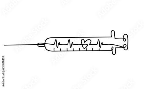 Healthcare concept with syringe and heart rate. Saving life concept in one line art style. Health treatment for heart attack, pandemic, vaccination campaign. Vaccine with life vector illustration