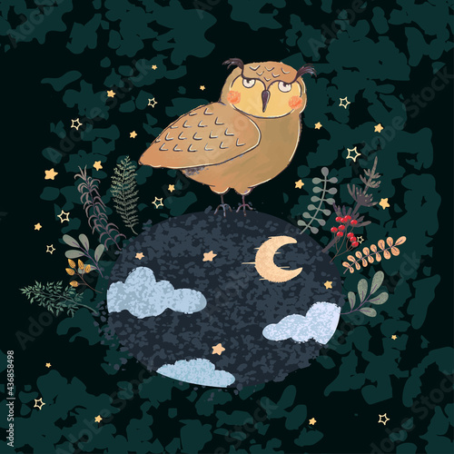 Vector colorful illustration of cute owl and night forest. Used it as elemets for your design for childish t-shirt print, cloth, baby wear, kids room decoration, invitation, greeting card, and posters