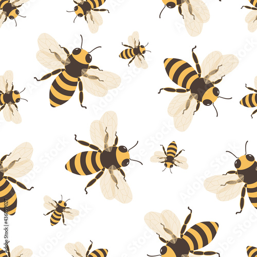 Bee seamless vector pattern. Great for themed backgrounds, home decor, wallpaper, apparel. Flat style