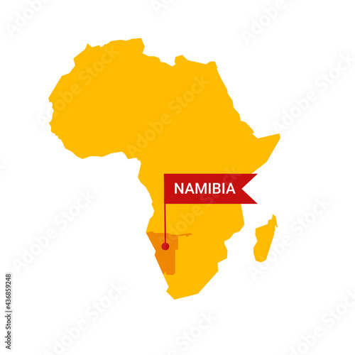 Namibia on an Africa s map with word Namibia on a flag-shaped marker.