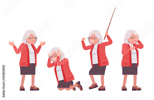 Old teacher, negative emotions, female senior professor, university school tutor. Experienced elderly master, aged supervisor. Vector flat style cartoon illustration isolated, white background