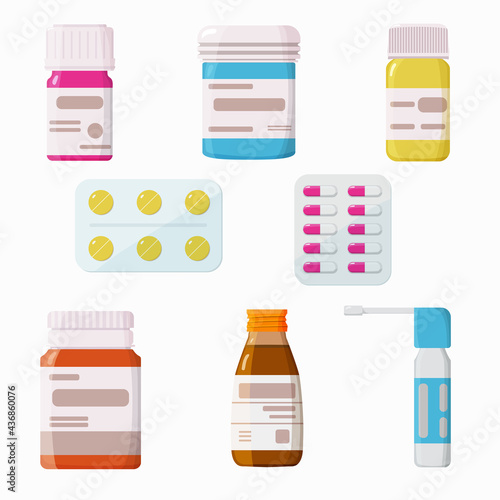 Medicine, pharmacy, hospital set of drugs. Pills, capsules, vitamins, tincture, throat spray. The concept of pharmaceutics and medication. Isolated on white. Flat style, vector illustration