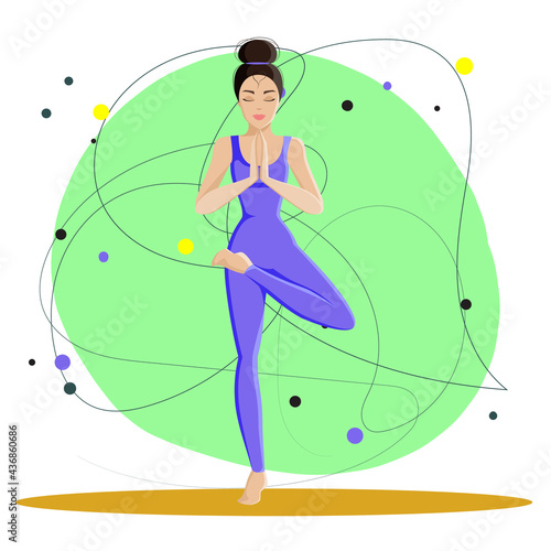 Tree Pose - Vrikshasana. Young woman practicing yoga. Isolated vector illustrations.