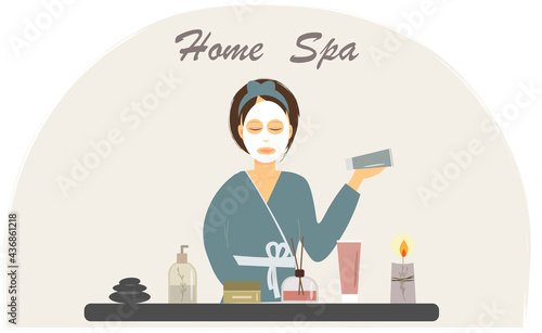 Pretty woman making spa procedures at home, spa at home concept, preparing home mask for face, flat vector illustration