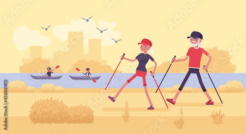 Active seniors, happy healthy elderly people nordic walking with poles. Couple of older adults, athletes enjoying outdoor park promenade. Beautiful summer, spring river nature scenery background