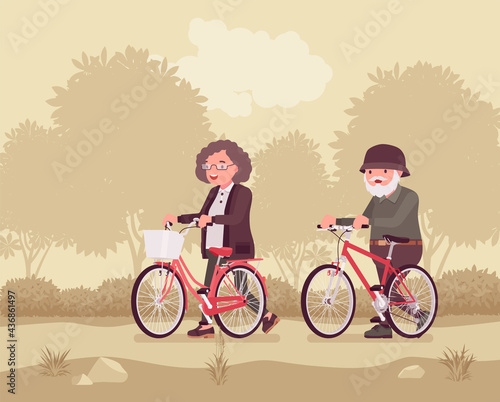 Active seniors, happy healthy elderly people enjoy sport, riding bicycle. Couple of older adults enjoying riding bike together, outdoor fun in park. Beautiful summer, spring nature scenery background
