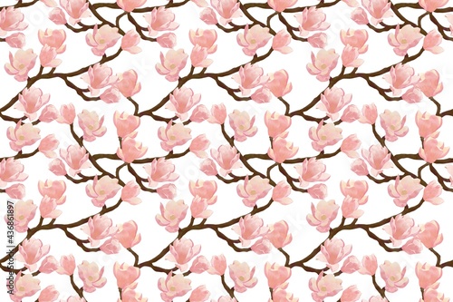 Seamless branch pattern with pink magnolia flowers on white background