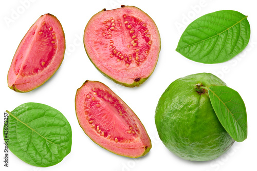 guava with slice isolated on white background. clipping path. top view