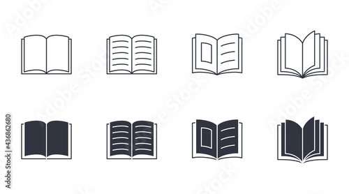 Open book vector icons. Editable stroke. Magazine brochure storytelling reading. School knowledge study Bible. Stock line illustration