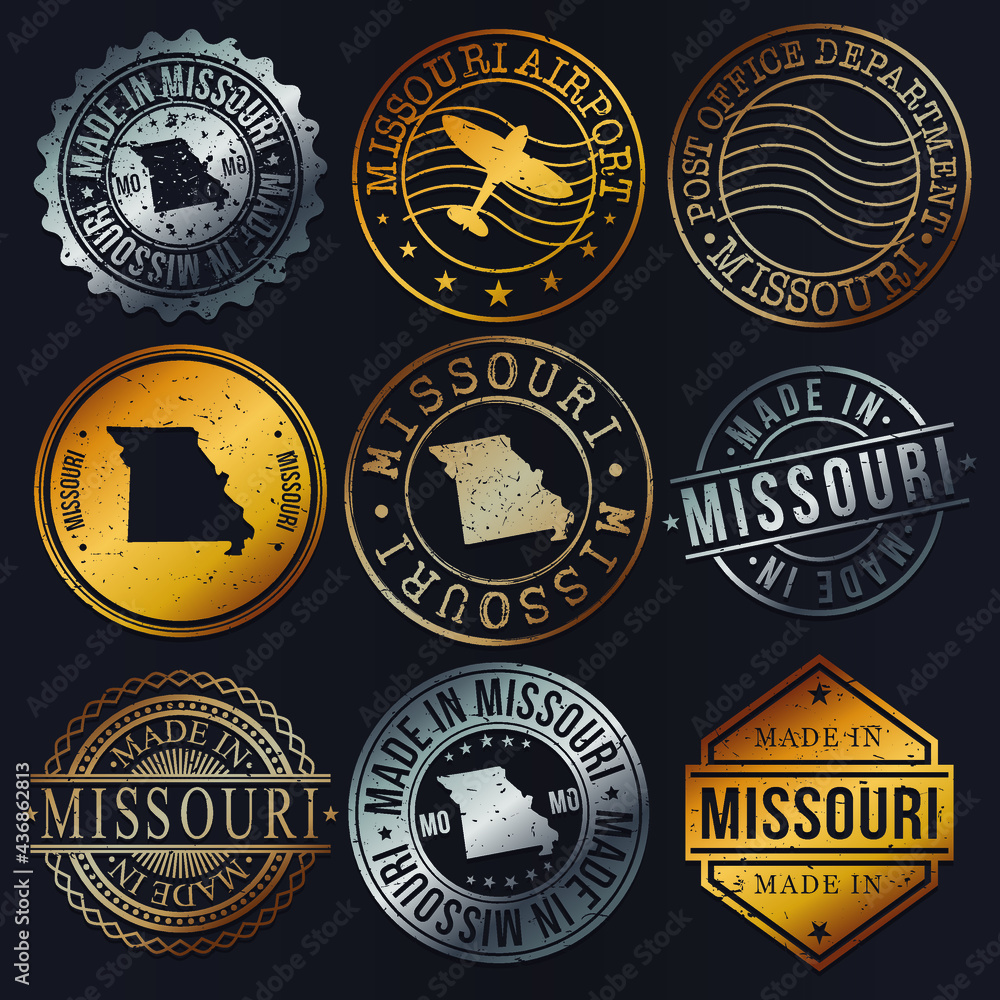 Missouri, USA Business Metal Stamps. Gold Made In Product Seal. National Logo Icon. Symbol Design Insignia Country. Missouri, USA Business Metal Stamps. Gold Made In Product Seal. National Logo Icon. Symbol Design Insignia Country.