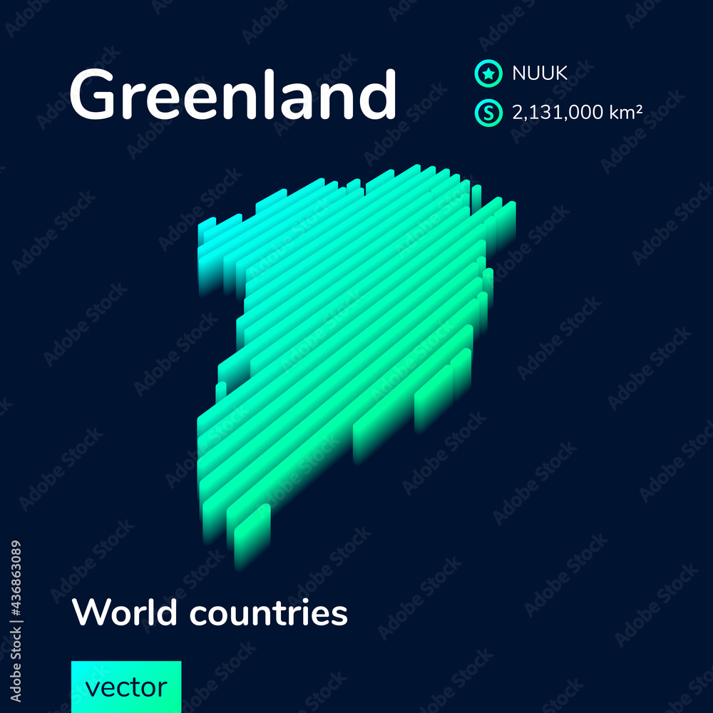 Stylized striped vector isometric 3d map of Greenland. Map of Greenland is in neon green and mint colors on the dark blue background Stylized striped vector isometric 3d map of Greenland. Map of Greenland is in neon green and mint colors on the dark blue background