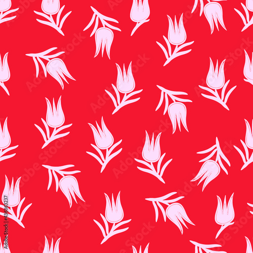 seamless pattern with tulips, red background with white flowers, floral vector drawing