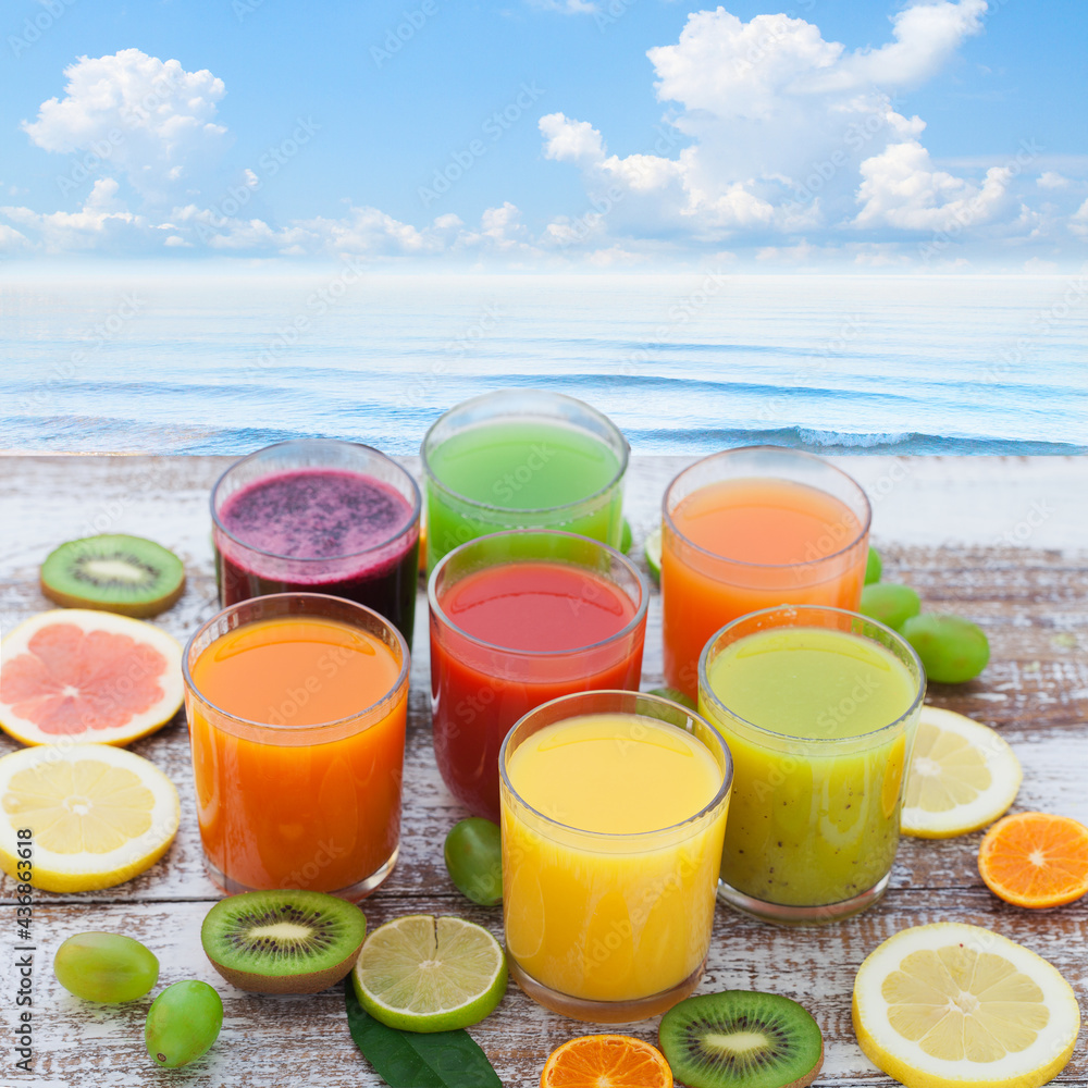 Vegetable and citrus juices. Pieces of vegetables and fruits. Vegetable and citrus juices. Pieces of vegetables and fruits.